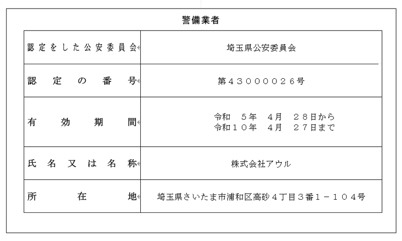 警備認定書